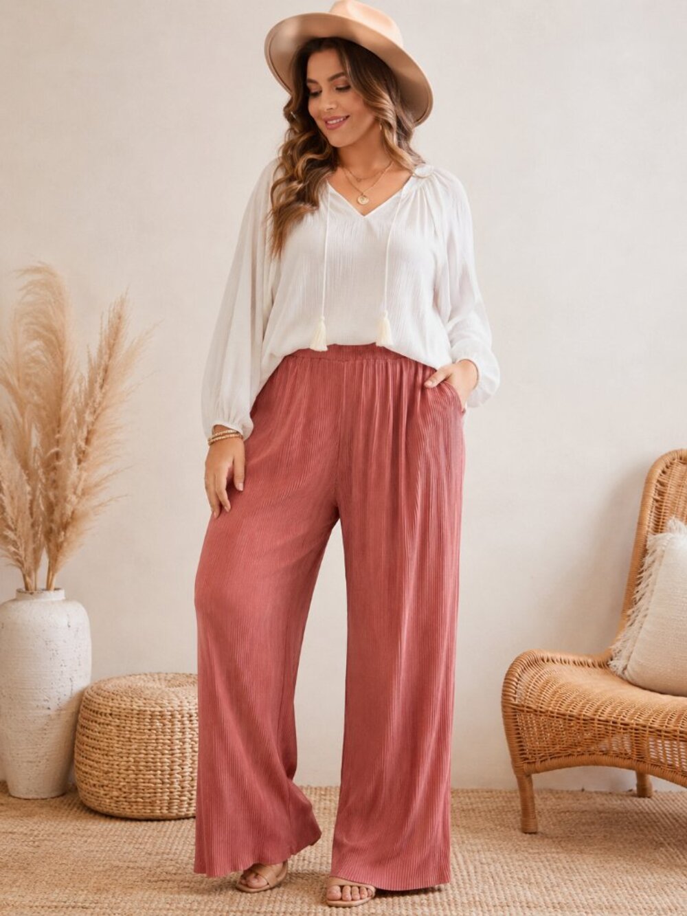 Intempo 1X Dusty Rose Pleated Wide Leg Pants Pull On Stretch Palazzo Casual Boho
